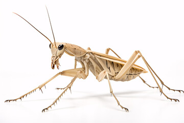 A Flying Stick Insect of the Kalocorinnis pulchella species perches on a white backdrop. - obrazy, fototapety, plakaty