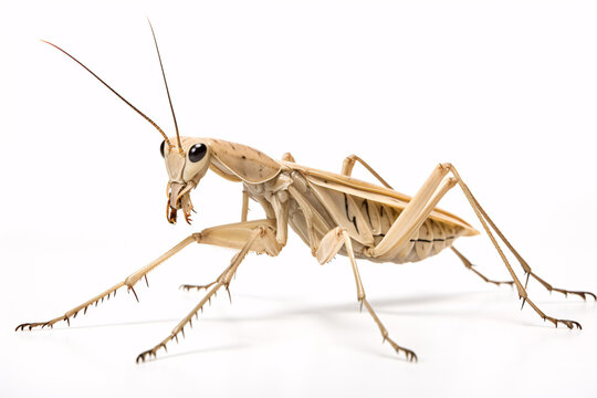 A Flying Stick Insect of the Kalocorinnis pulchella species perches on a white backdrop.