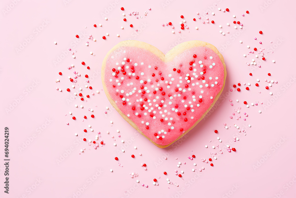 Wall mural close up of a pink heart shaped sugar cookies, valentine bakery