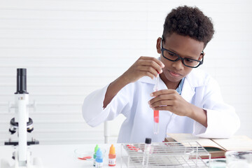 Concentrate African boy in lab coat holding a test tube for doing science experiments, young...