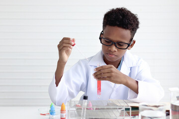 Concentrate African boy in lab coat holding a test tube for doing science experiments, young...