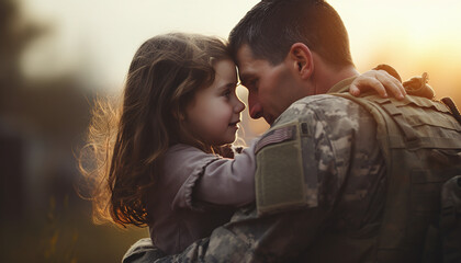 Affectionate military reunion between father and daughter  - obrazy, fototapety, plakaty