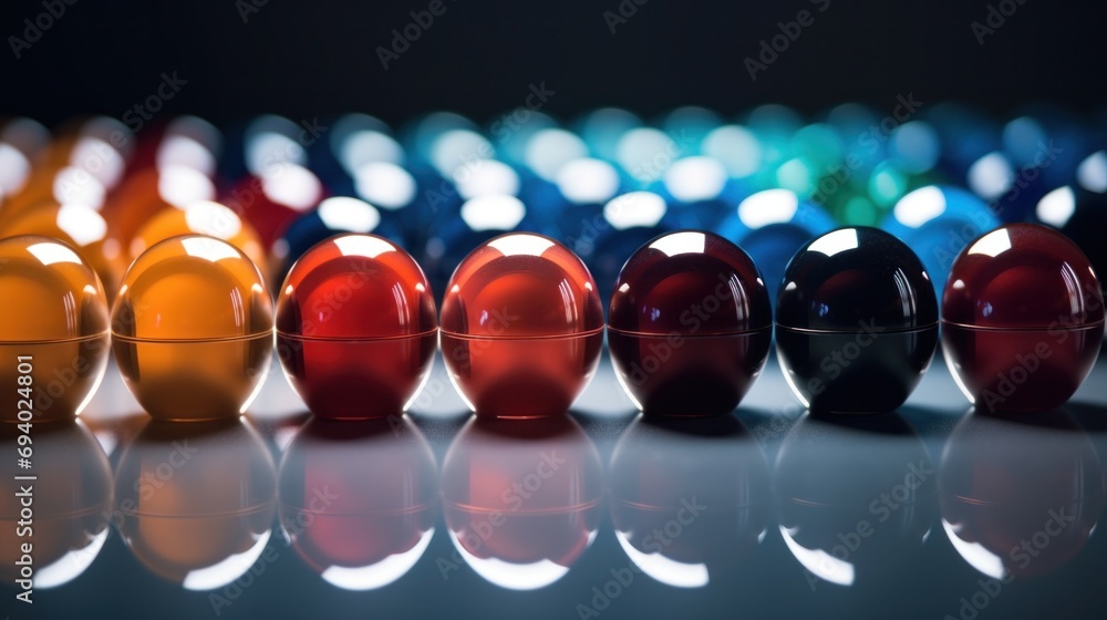 Poster a row of colorful containers lined up on a table, ai