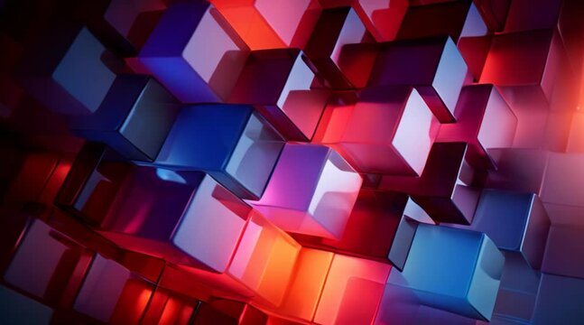 Minimalist, abstract blocks with glowing edges symbolizing data. 