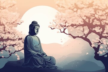 Buddha statue among cherry blossoms, evoking meditation & zen. Illustration graphic design. Generative AI
