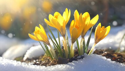 Vibrant Crocuses Emerge from Winter Snow, Signaling Spring. Bright yellow flowers push through the melting snow, heralding the change of seasons with their vivid color