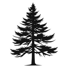 A flat black vector silhouette of a pine tree against a white background.