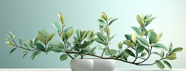 Wide panoramic banner wallpaper of a pot with small plant in a white background  - obrazy, fototapety, plakaty