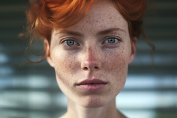 Porträt einer ungeschminkten Frau mit Sommersprossen und roten Haaren - obrazy, fototapety, plakaty