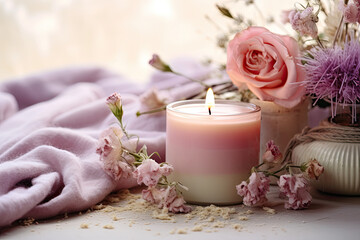 Fototapeta na wymiar Scented floral candle, aromatherapy, cosy and comfort atmosphere 