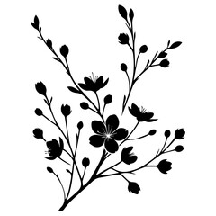 minimal Blooming floral branch silhouette vector illustration, white background