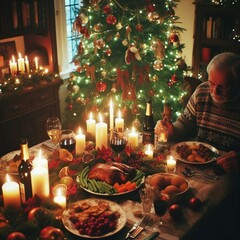 An old man eating alone on Christmas Eve with a table full of candles and decorations