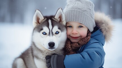 Photo of friendship between a child and a Siberian husky puppy with blue eyes on a winter walk