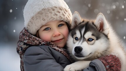Photo of friendship between a child and a Siberian husky puppy with blue eyes on a winter walk