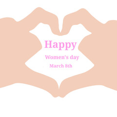 Hand forming a heart with happy women day text on white background