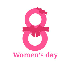 Women's day greeting card on march 8 with eight number Decorated with a pink bow on white background