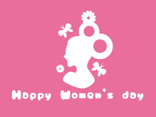 Happy International Women's Day 8 March. Illustration design girl face woman head side view white with butterfly and flower on pink background