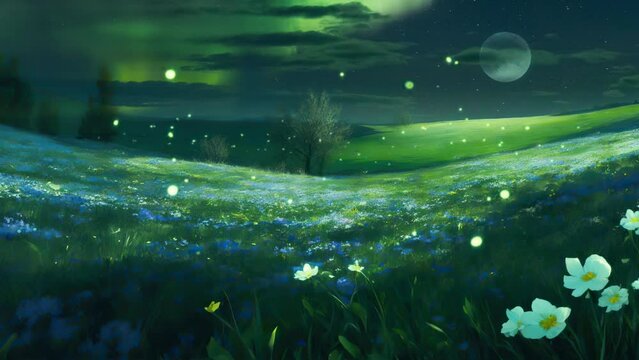 green grass and aurora in meadow