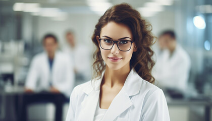 Beautiful young woman scientist wearing white coat and glasses in modern Medical Science Laboratory with Team of Specialists on background  - obrazy, fototapety, plakaty