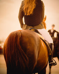 A rear view of a rider riding in the saddle on a bay horse towards the sun on a clear evening....
