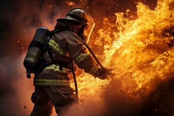 Firefighter in protective suit extinguishing fire with water, battling raging flames. Concept of fire prevention and extinguishment. Generative AI