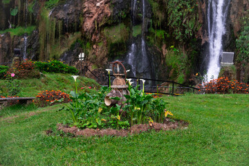 hidrante rodeado de flores y una cascada de fondo