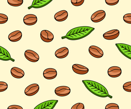 Coffee beans with leaf and plant, seamless vector background and pattern. Food, hot drink, beverage, cafes, coffee house and coffee shop, vector design and illustration