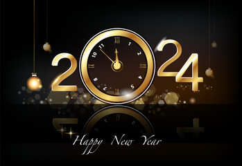 Vector illustration. 2024. Happy New Year 2024 - New Year, shining background with gold watches and glitter. Black background. Smartphone laptop, phone. Futuristic design. Banner, numbers, cover, card