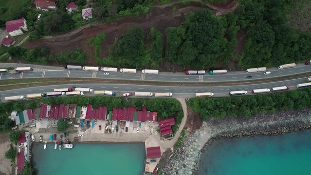 truck lines waiting to cross Georgian border at Hopa, aerial imagery, fg01