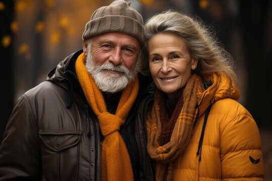 A couple exudes warmth and style as they pose for a picture, their faces radiating joy and their winter attire adding a touch of sophistication to the outdoor scene