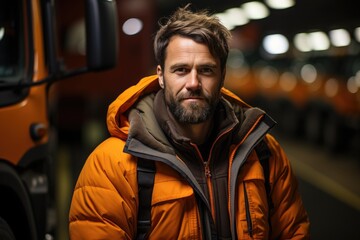 A rugged man with a yellow-orange jacket and bushy beard stands on a busy street, his hood pulled up as he gazes confidently at a passing vehicle