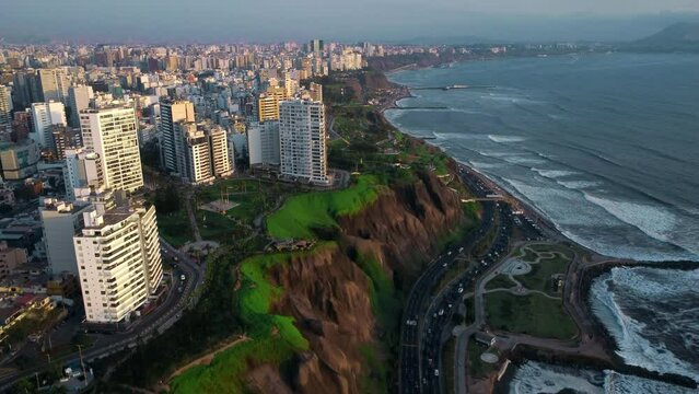 Miraflores Lima Coast Sunset Cityscape Drone View in clear day