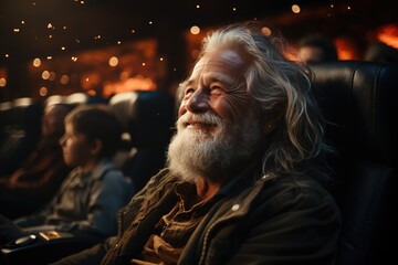 A bearded man sits indoors, his face adorned with wrinkles and a content smile, his long hair framing his human features and unique style