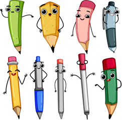 pen character set cartoon. school funny, education face, stationery student pen character sign. isolated symbol vector illustration