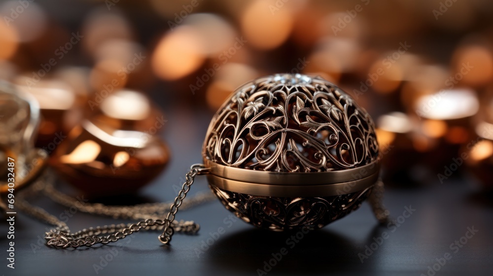 Poster a close up of a small ornate object sitting on top of some other objects, ai