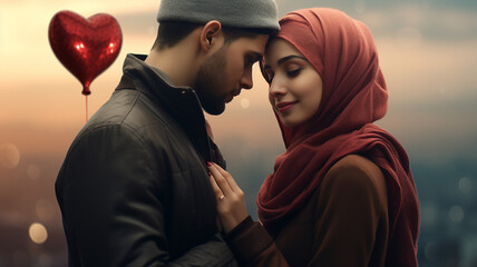 Young muslim couple in love with red heart shaped balloon on city background.