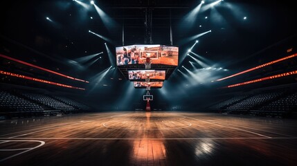 Center led tv display on top of basketball court. Generative AI. - obrazy, fototapety, plakaty