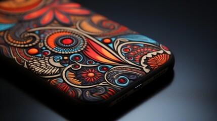 A close up of a colorful iphone case on top of black surface, AI