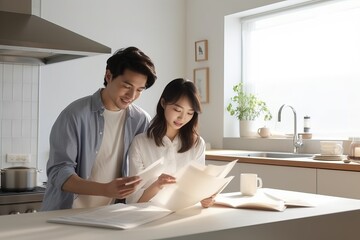 Obraz premium Young Asian couple reviewing documents together in a bright, modern kitchen, exuding teamwork and planning.