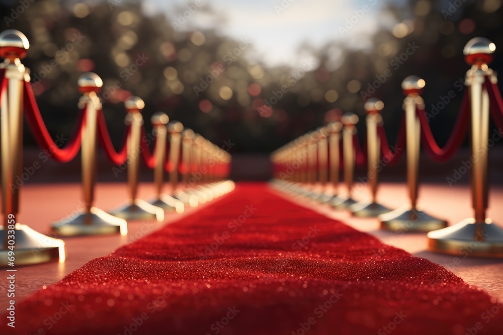 Poster A red carpet background and depth of field. Generative AI.