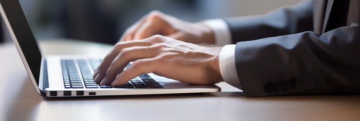 Close-up of professional hands typing on laptop, ideal for business and technology concepts.