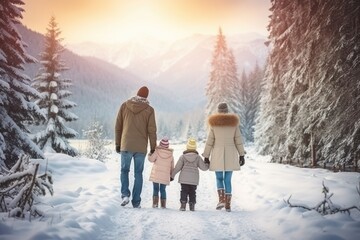 Fototapeta na wymiar Happy family Father, mother and children are having fun and playing on snowy winter walk in nature. comeliness