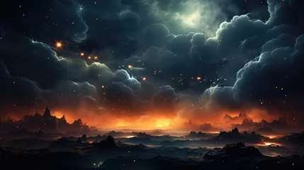 Poster Paysage fantastique Dark burning steam and stars background. Generative AI.