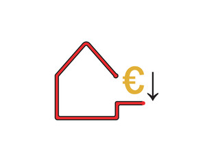 Logo with a picture of a house with a wall pushed back and a Euro sign. Vector illustration