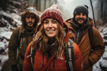 A group of winter-clad individuals smile while standing in the snowy outdoors, their faces framed by jackets as they strike a pose for the camera