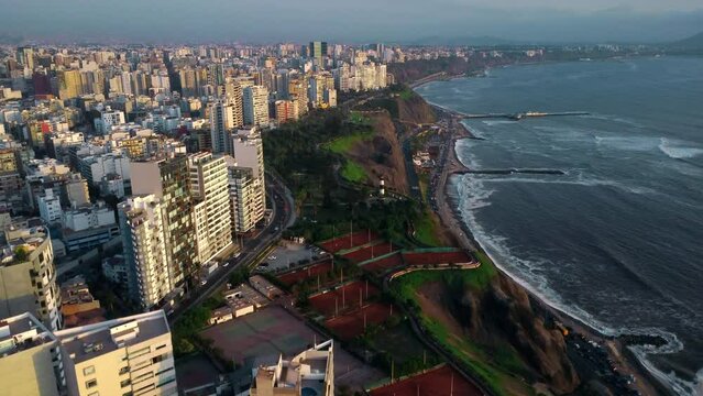 Lima Peru Dusk Cloudy day Coast Miraflores Bajada Balta December Sunset Aerial View Drone View DJI