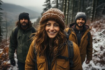 A smiling group of hikers stand proudly in their winter gear, surrounded by the snow-covered mountains, showcasing the resilience and joy of human connection and the beauty of the great outdoors