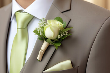 A groom's boutonniere featuring white rose flower  - obrazy, fototapety, plakaty
