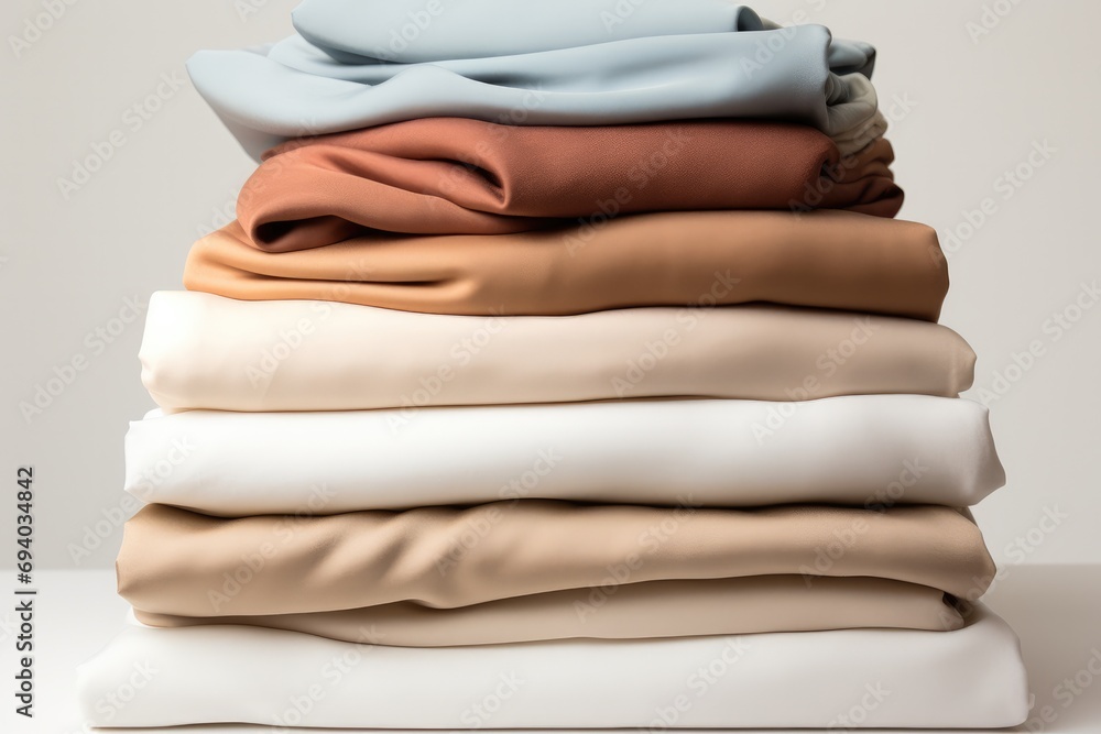 Poster stack of clean clothes, clean laundry isolated on white background, minimal style. generative ai.
