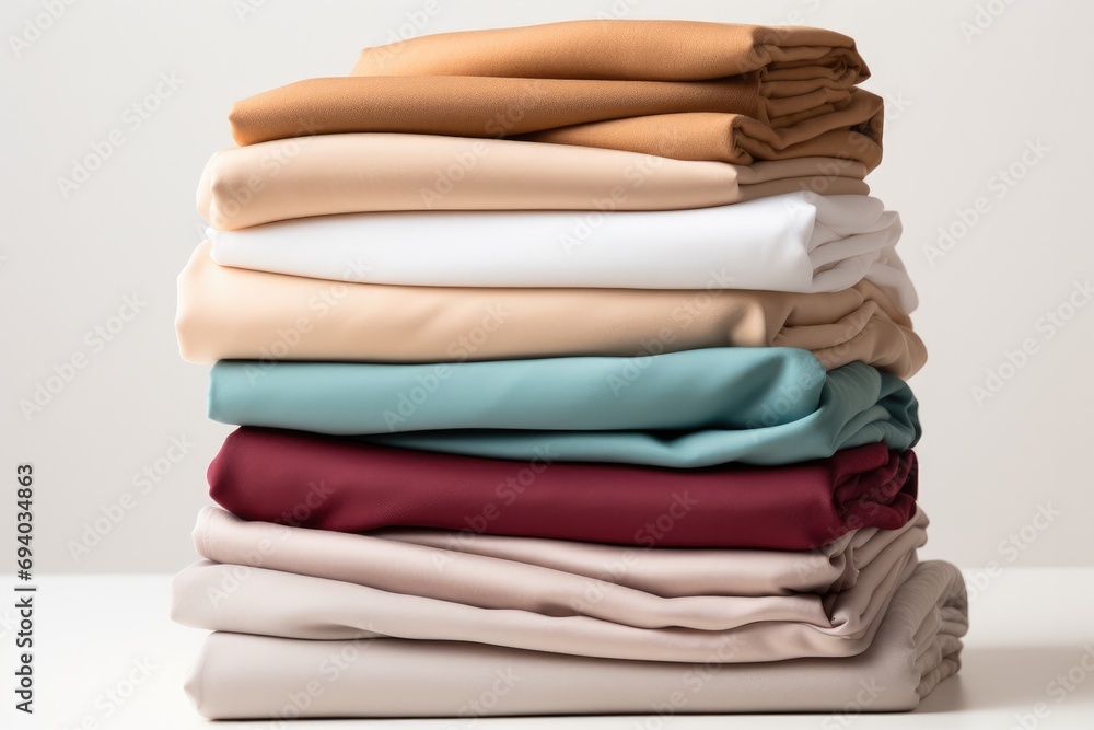 Poster stack of clean clothes, clean laundry isolated on white background, minimal style. generative ai.